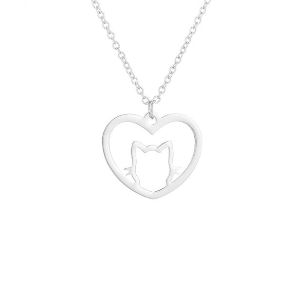 Cat in Heart Necklace - Silver